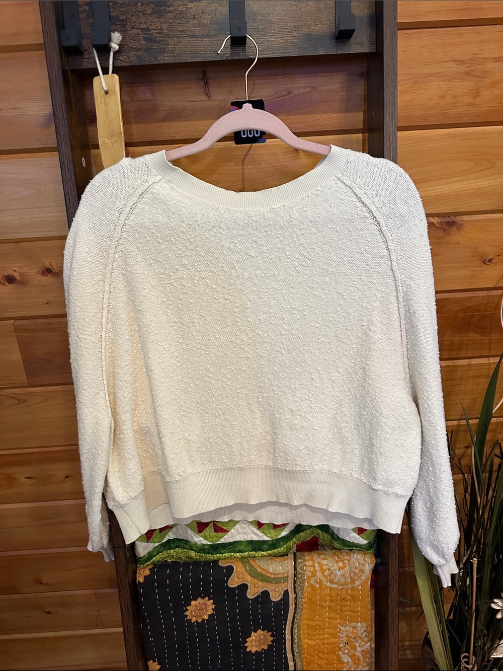 Free People Cream Popcorn-Knit Crewneck Sweater *stain